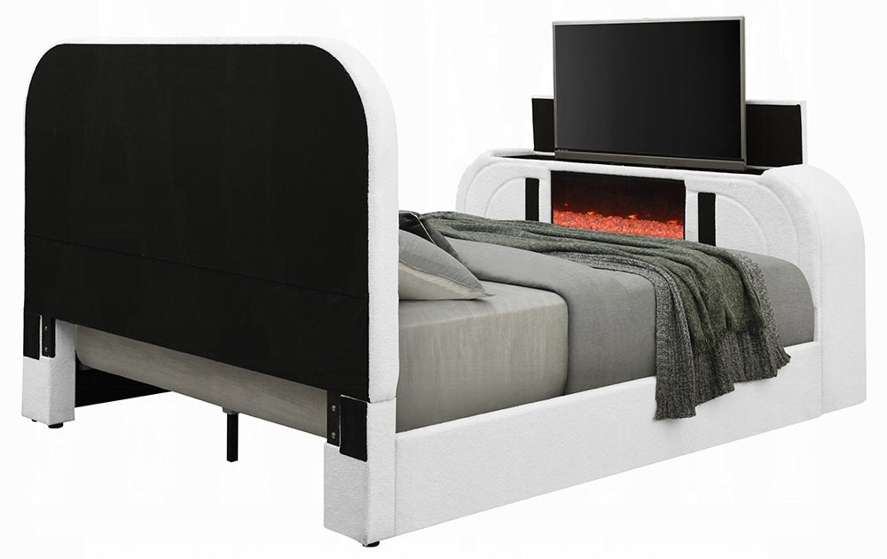 Acme BD04752Q Shelyn white teddy bear sherpa fabric upholstered queen bed set LED , Fireplace and TV Lift