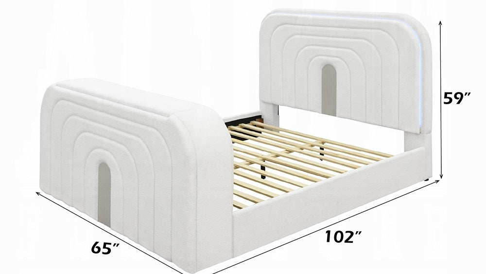 Acme BD04752Q Shelyn white teddy bear sherpa fabric upholstered queen bed set LED , Fireplace and TV Lift