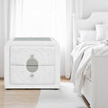 Acme BD04753 Shelyn white teddy bear sherpa fabric upholstered bed side nightstand glass top crystal handle