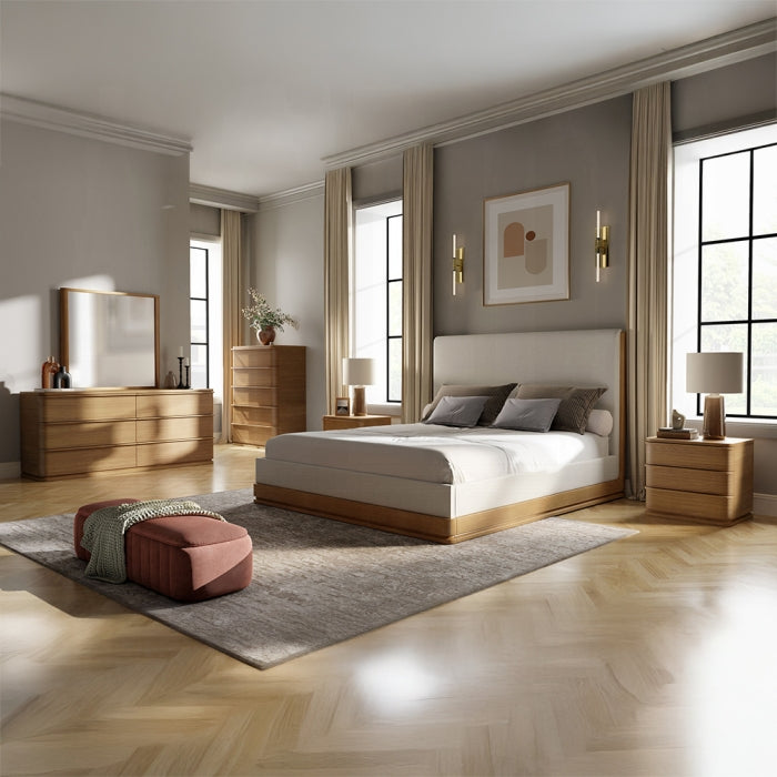 Acme BD04852-4PC Zoey oak finish wood beige fabric upholstered headboard modern queen bedroom set