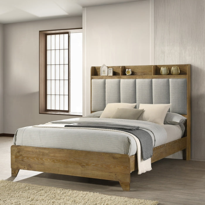 Acme BD04862-4PC Garcia light aspen brown finish wood grey fabric upholstered storage headboard modern queen bedroom set