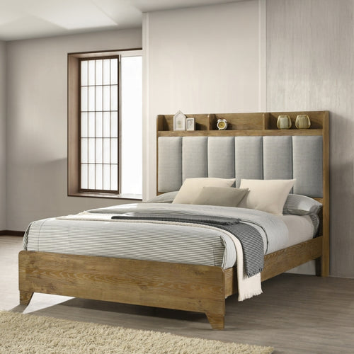 Acme BD04862-4PC Garcia light aspen brown finish wood grey fabric upholstered storage headboard modern queen bedroom set