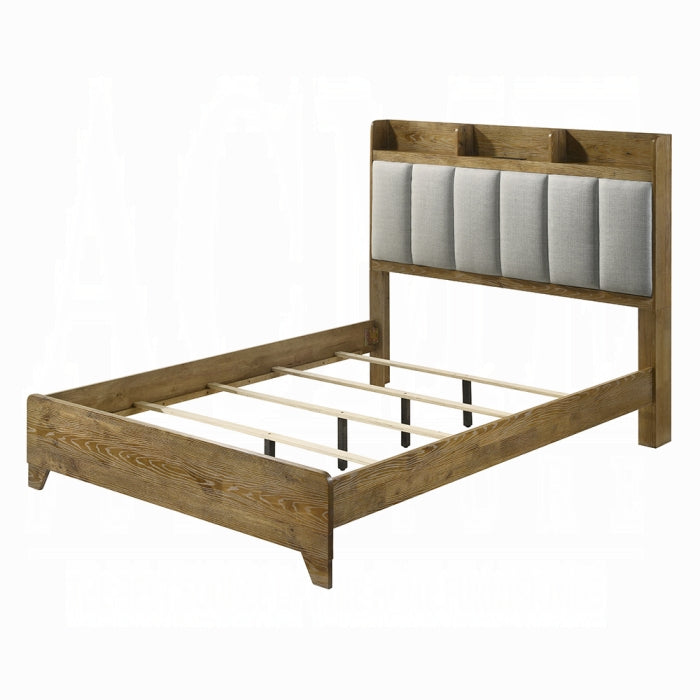 Acme BD04862-4PC Garcia light aspen brown finish wood grey fabric upholstered storage headboard modern queen bedroom set