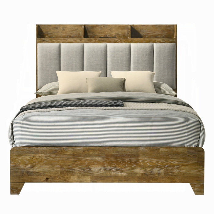 Acme BD04862-4PC Garcia light aspen brown finish wood grey fabric upholstered storage headboard modern queen bedroom set