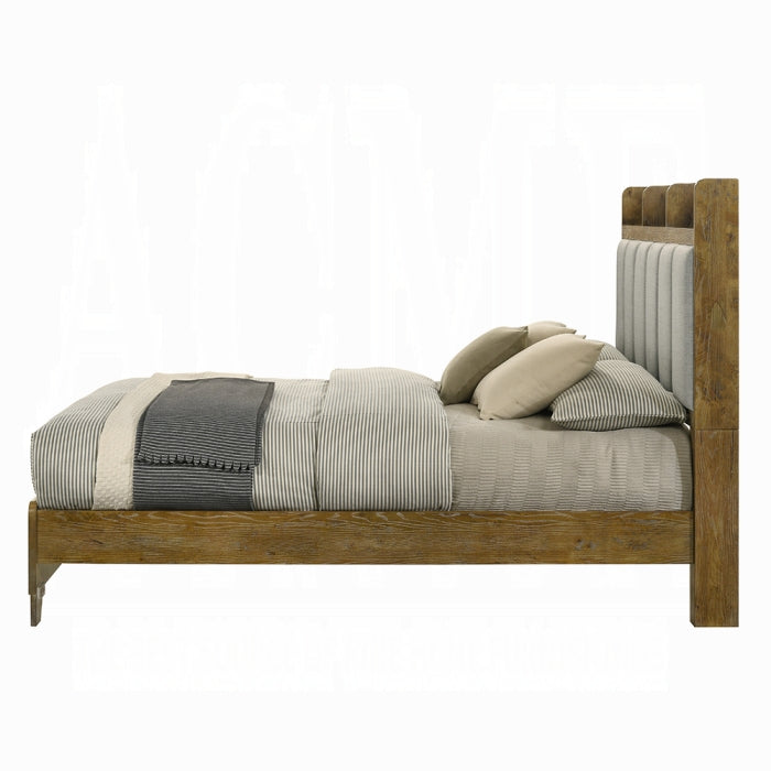 Acme BD04862-4PC Garcia light aspen brown finish wood grey fabric upholstered storage headboard modern queen bedroom set