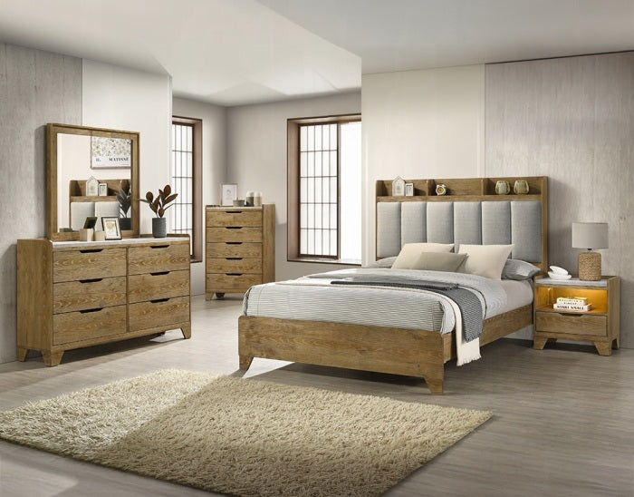 Acme BD04862-4PC Garcia light aspen brown finish wood grey fabric upholstered storage headboard modern queen bedroom set