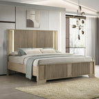 Acme BD04872-4PC Lakkari antique oak finish wood ribbed design headboard modern queen bedroom set LED lighting accents