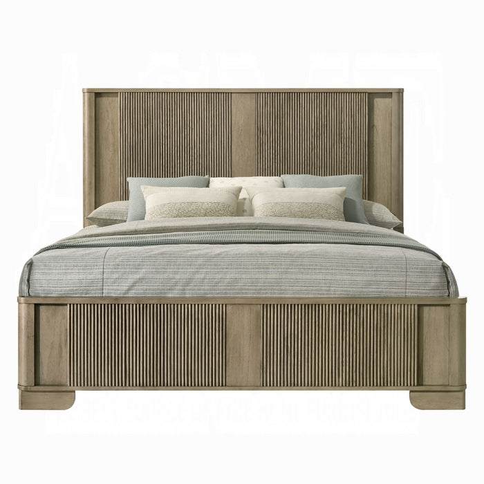 Acme BD04872-4PC Lakkari antique oak finish wood ribbed design headboard modern queen bedroom set LED lighting accents