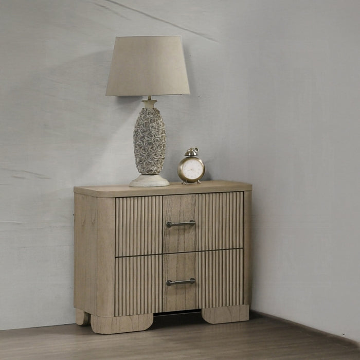 Acme BD04872-4PC Lakkari antique oak finish wood ribbed design headboard modern queen bedroom set LED lighting accents