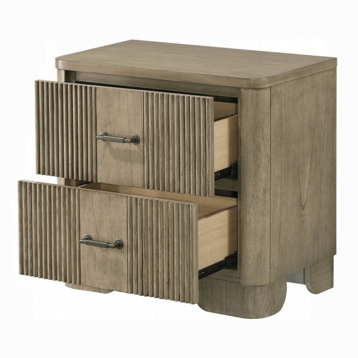 Acme BD04872-4PC Lakkari antique oak finish wood ribbed design headboard modern queen bedroom set LED lighting accents