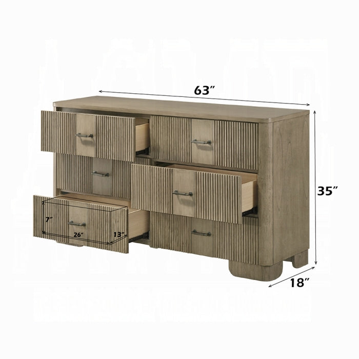 Acme BD04872-4PC Lakkari antique oak finish wood ribbed design headboard modern queen bedroom set LED lighting accents