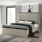 Acme BD04882-4PC Travonte beige finish wood grey linen fabric upholstered headboard modern ribbed accents queen bedroom set