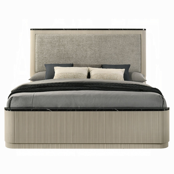 Acme BD04882-4PC Travonte beige finish wood grey linen fabric upholstered headboard modern ribbed accents queen bedroom set
