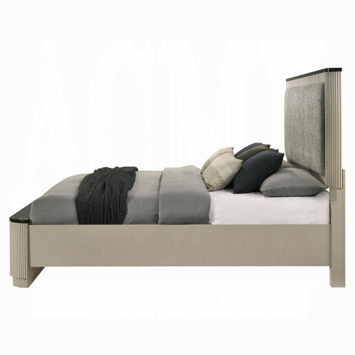 Acme BD04882-4PC Travonte beige finish wood grey linen fabric upholstered headboard modern ribbed accents queen bedroom set