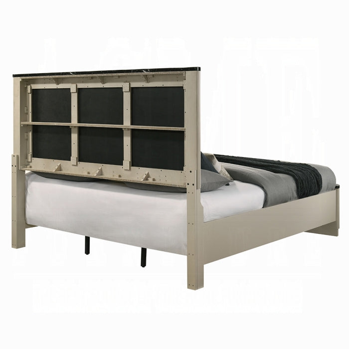 Acme BD04882-4PC Travonte beige finish wood grey linen fabric upholstered headboard modern ribbed accents queen bedroom set