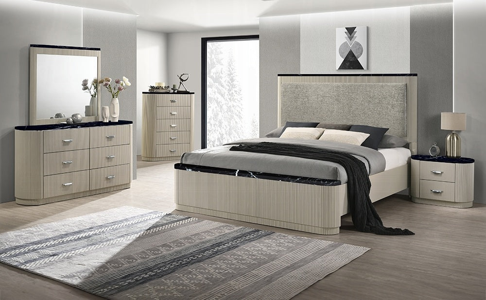Acme BD04882-4PC Travonte beige finish wood grey linen fabric upholstered headboard modern ribbed accents queen bedroom set