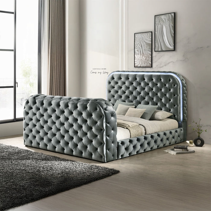 Acme BD05071EK Kana grey velvet upholstered fabric tufted eastern king bed set LED , Fireplace and TV Lift