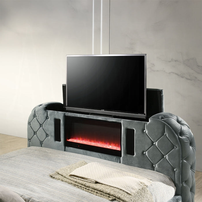 Acme BD05072Q Kana grey velvet upholstered fabric tufted queen bed set LED , Fireplace and TV Lift