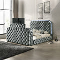 Acme BD05072Q Kana grey velvet upholstered fabric tufted queen bed set LED , Fireplace and TV Lift