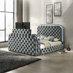 Acme BD05072Q Kana grey velvet upholstered fabric tufted queen bed set LED , Fireplace and TV Lift