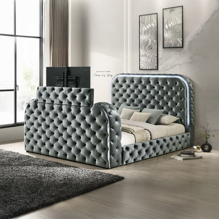 Acme BD05072Q Kana grey velvet upholstered fabric tufted queen bed set LED , Fireplace and TV Lift