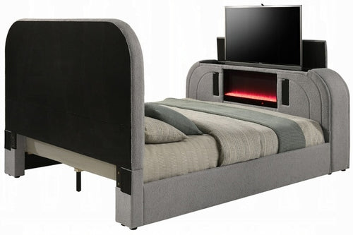 Acme BD05652Q Shelyn grey teddy bear sherpa fabric upholstered queen bed set LED , Fireplace and TV Lift