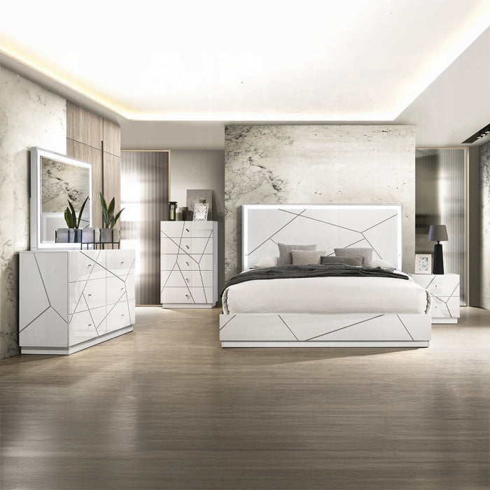 Acme BD05882-4PC Esther white and silver high gloss finish wood modern queen bedroom set LED accents