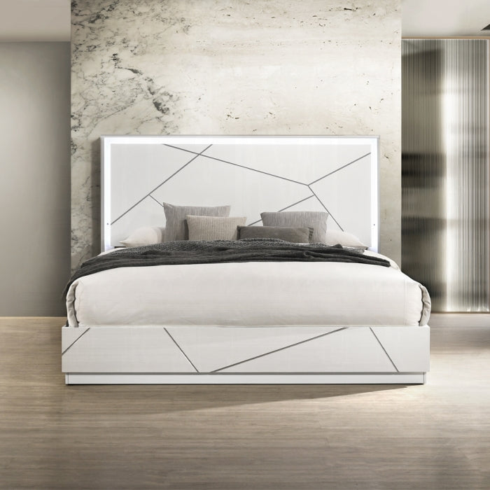 Acme BD05882-4PC Esther white and silver high gloss finish wood modern queen bedroom set LED accents