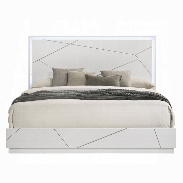 Acme BD05882-4PC Esther white and silver high gloss finish wood modern queen bedroom set LED accents