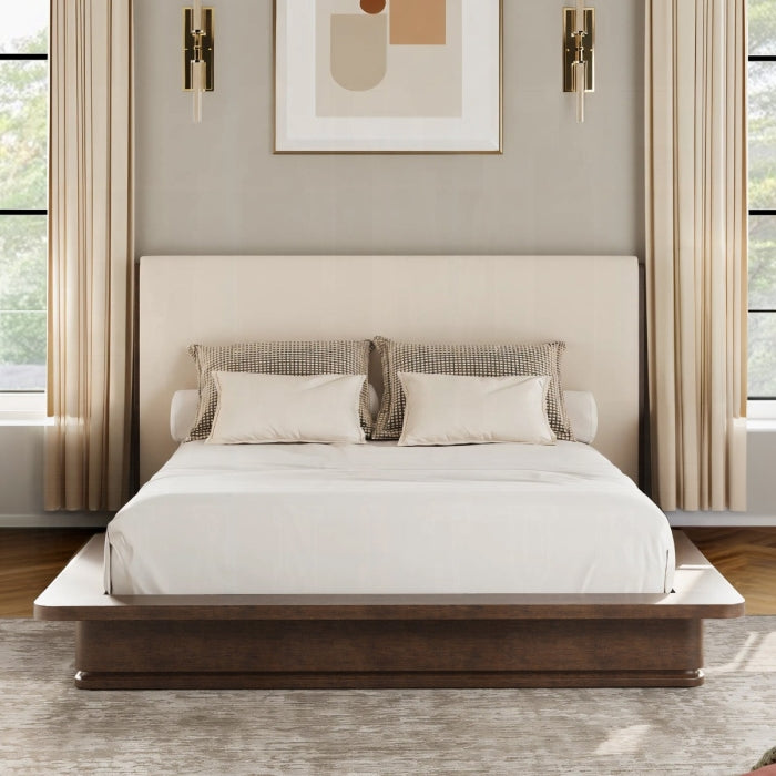 Zoey Brown Oak Wood Cream Linen Fabric Padded Queen Platform Bedroom Set 4-Pc – BD07272Q-4PC