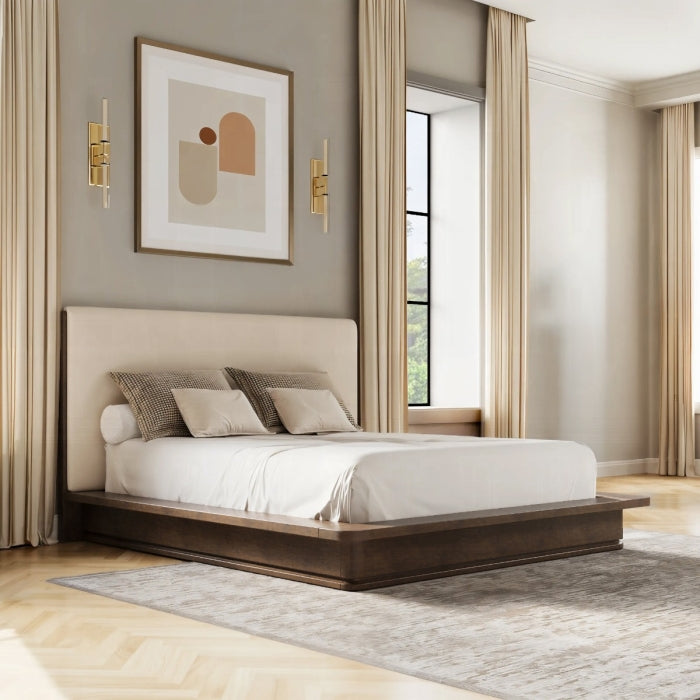 Zoey Brown Oak Wood Cream Linen Fabric Padded Queen Platform Bedroom Set 4-Pc – BD07272Q-4PC