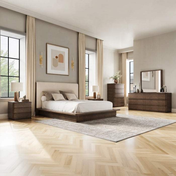 Zoey Brown Oak Wood Cream Linen Fabric Padded Queen Platform Bedroom Set 4-Pc – BD07272Q-4PC