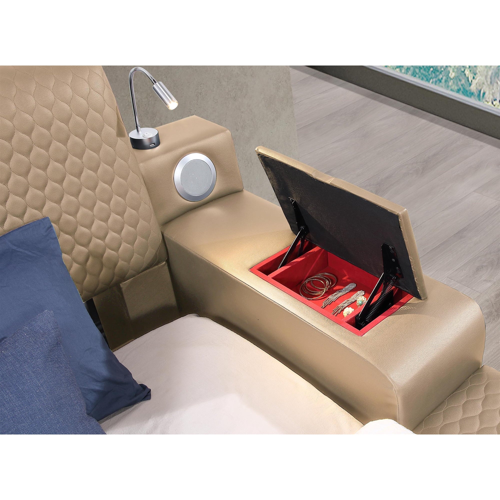 Zoya Caramel Faux Leather Modern Queen Bed with Massage Lounge, Bluetooth Speakers & Reading Lights