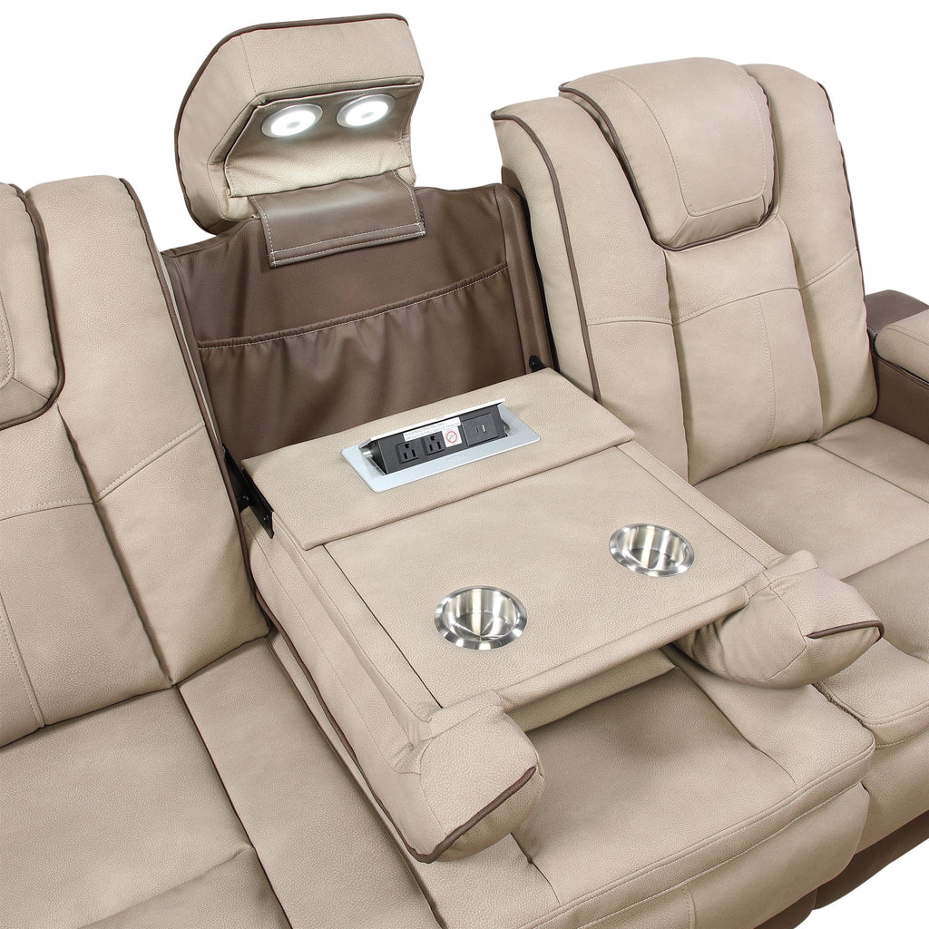 2 pc Bruno two tone brown faux leather power motion sofa and love seat with USB charging, LEDS , cup holders bluetooth speakers