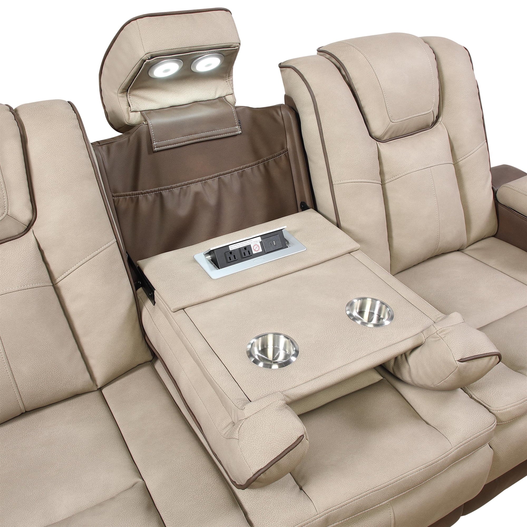 2 pc Bruno two tone brown faux leather power motion sofa and love seat with USB charging, LEDS , cup holders bluetooth speakers