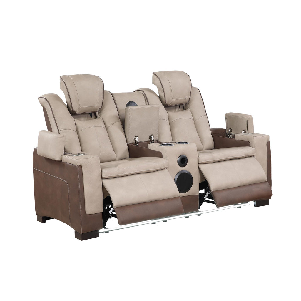 2 pc Bruno two tone brown faux leather power motion sofa and love seat with USB charging, LEDS , cup holders bluetooth speakers