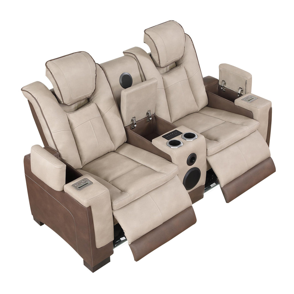 2 pc Bruno two tone brown faux leather power motion sofa and love seat with USB charging, LEDS , cup holders bluetooth speakers