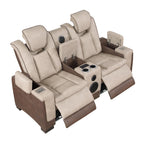2 pc Bruno two tone brown faux leather power motion sofa and love seat with USB charging, LEDS , cup holders bluetooth speakers