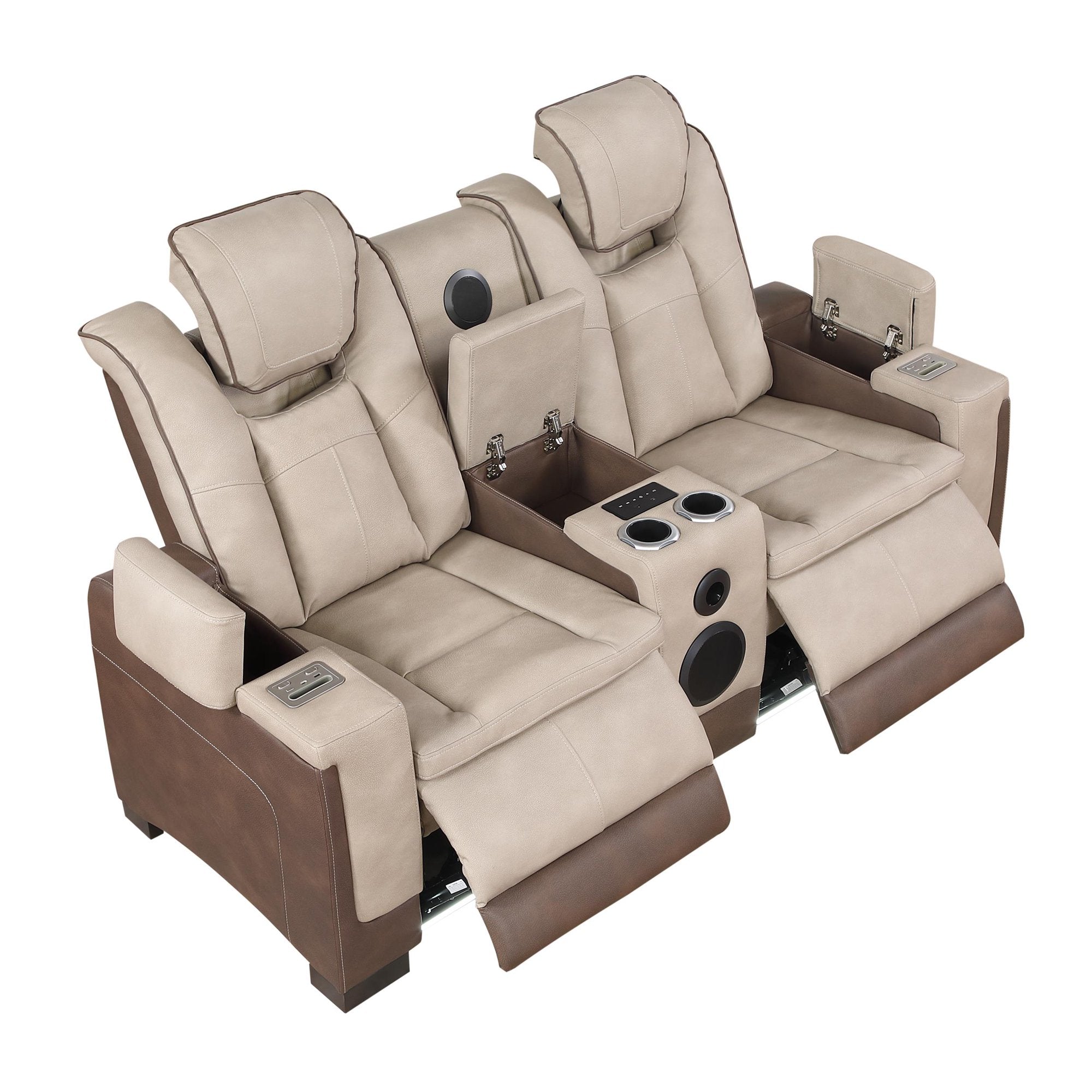 2 pc Bruno two tone brown faux leather power motion sofa and love seat with USB charging, LEDS , cup holders bluetooth speakers