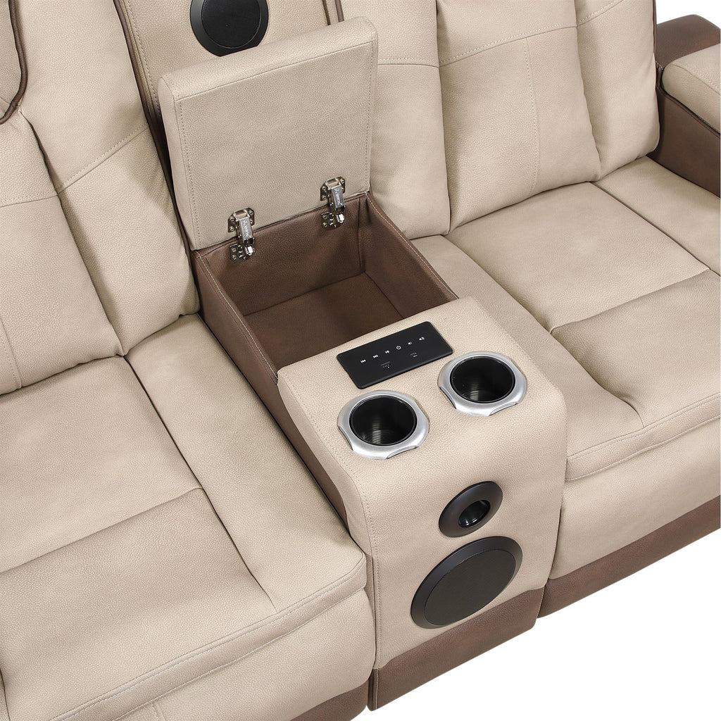 2 pc Bruno two tone brown faux leather power motion sofa and love seat with USB charging, LEDS , cup holders bluetooth speakers