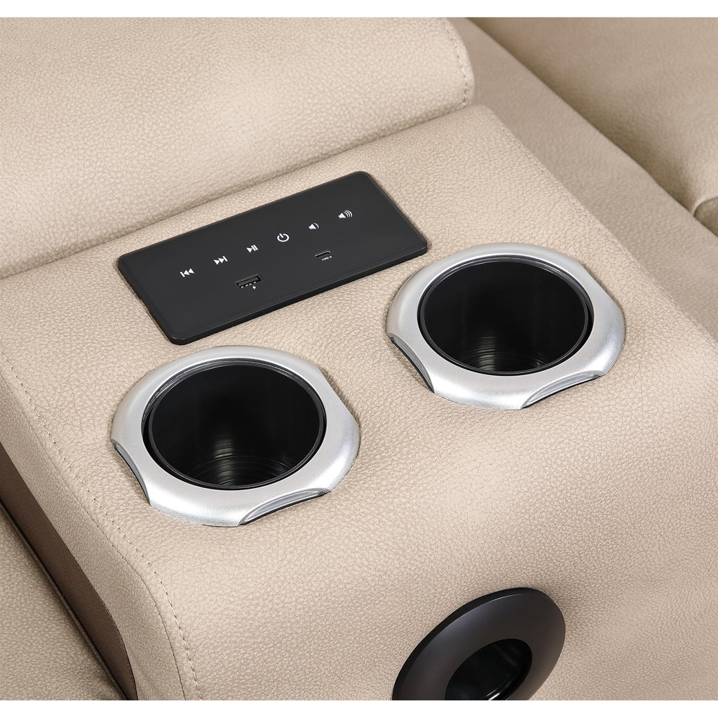 2 pc Bruno two tone brown faux leather power motion sofa and love seat with USB charging, LEDS , cup holders bluetooth speakers