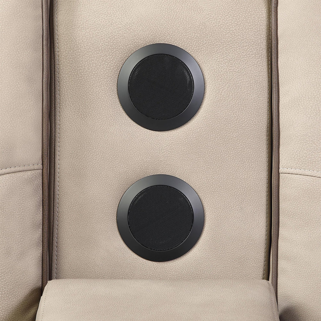 2 pc Bruno two tone brown faux leather power motion sofa and love seat with USB charging, LEDS , cup holders bluetooth speakers