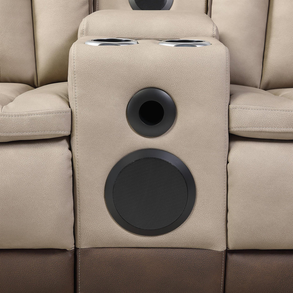 2 pc Bruno two tone brown faux leather power motion sofa and love seat with USB charging, LEDS , cup holders bluetooth speakers