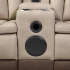 2 pc Bruno two tone brown faux leather power motion sofa and love seat with USB charging, LEDS , cup holders bluetooth speakers