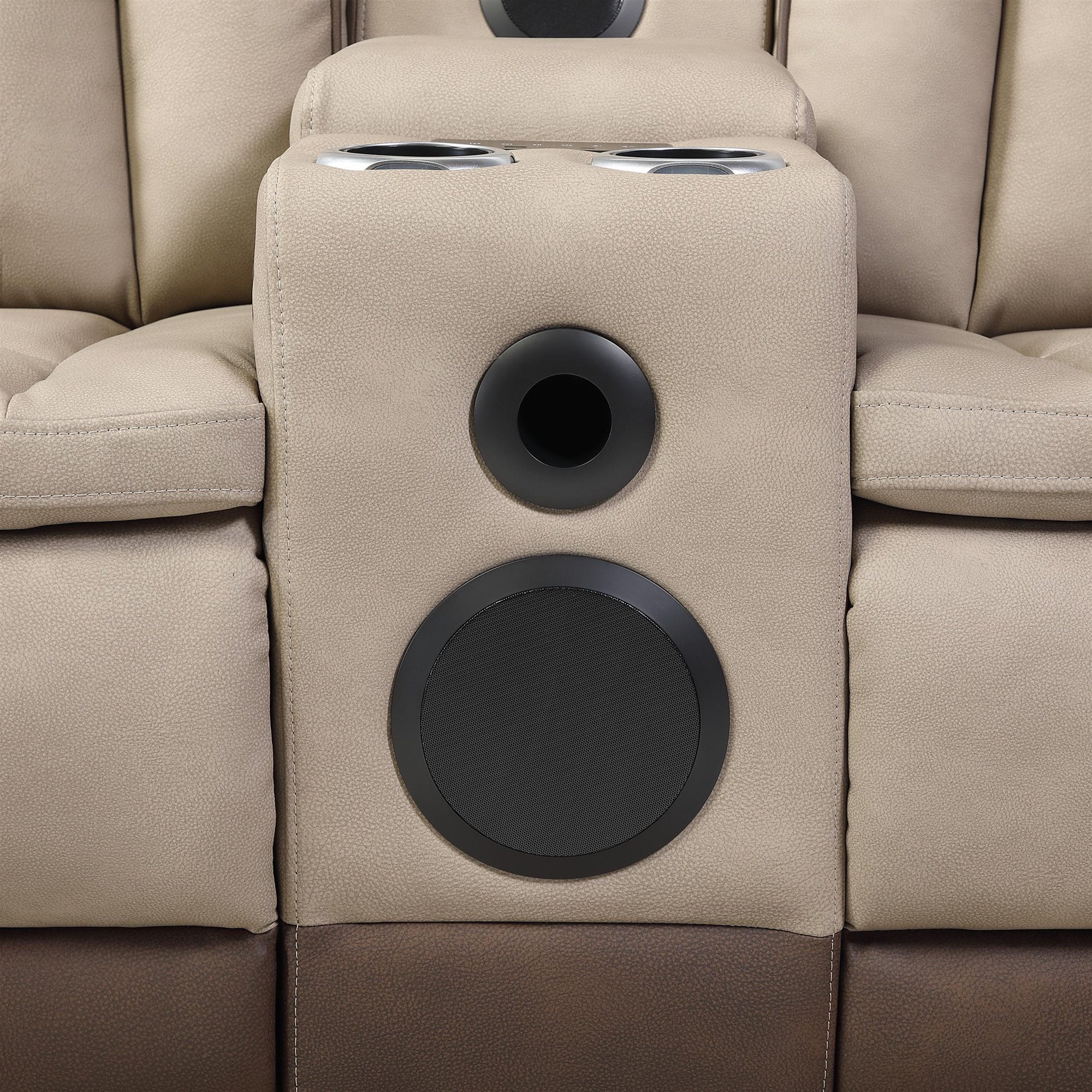 2 pc Bruno two tone brown faux leather power motion sofa and love seat with USB charging, LEDS , cup holders bluetooth speakers