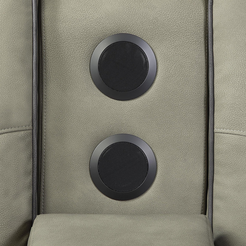 2 pc Bruno two tone grey faux leather power motion sofa and love seat with USB charging, LEDS , cup holders bluetooth speakers