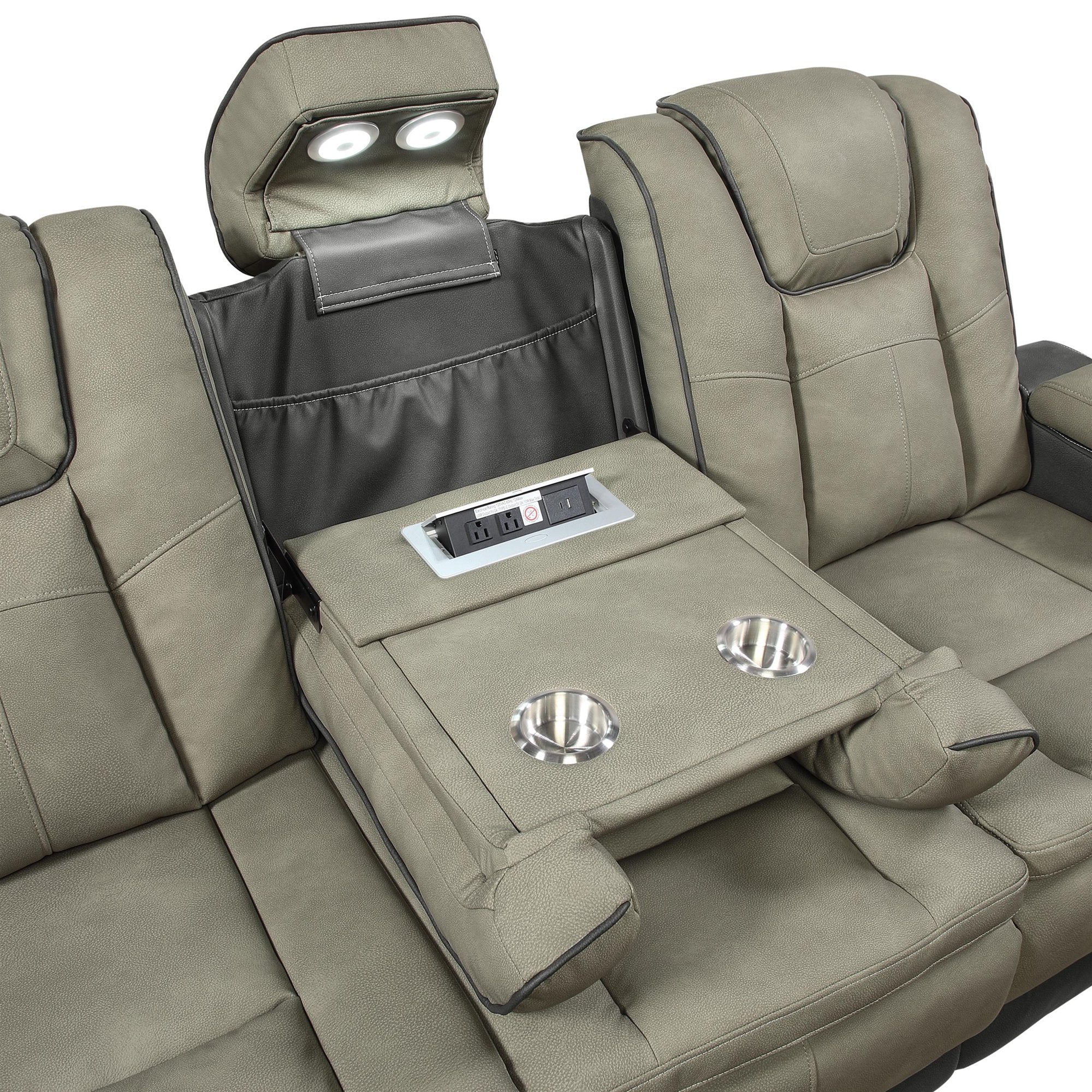 2 pc Bruno two tone grey faux leather power motion sofa and love seat with USB charging, LEDS , cup holders bluetooth speakers