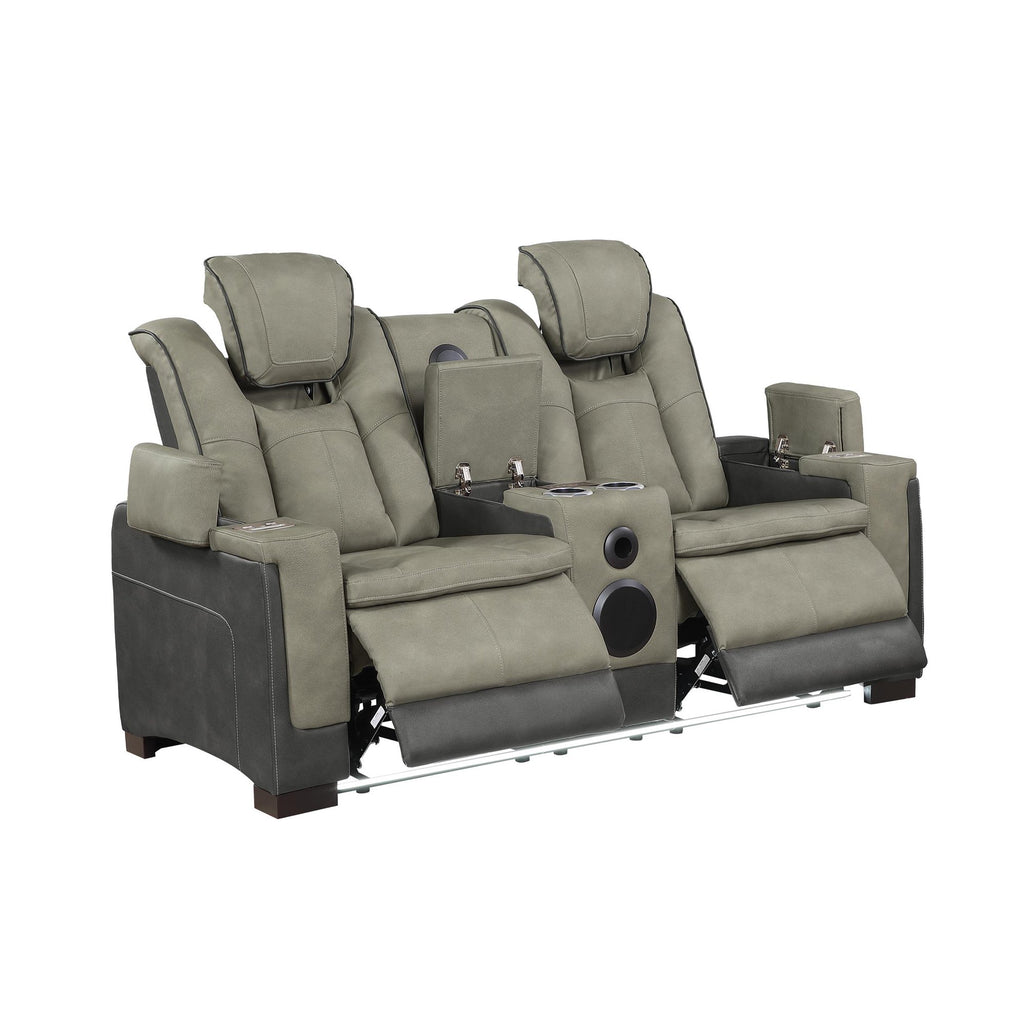 2 pc Bruno two tone grey faux leather power motion sofa and love seat with USB charging, LEDS , cup holders bluetooth speakers