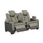 2 pc Bruno two tone grey faux leather power motion sofa and love seat with USB charging, LEDS , cup holders bluetooth speakers