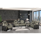 2 pc Bruno two tone grey faux leather power motion sofa and love seat with USB charging, LEDS , cup holders bluetooth speakers